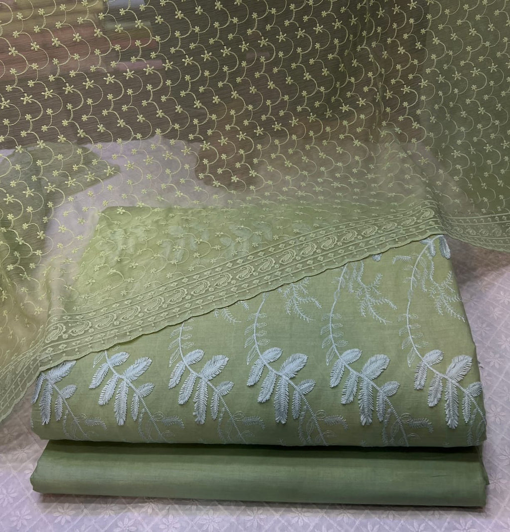 3D Chikankari Embroidered Shirt with Plain Pants & Chiffon Chikankari Dupatta
