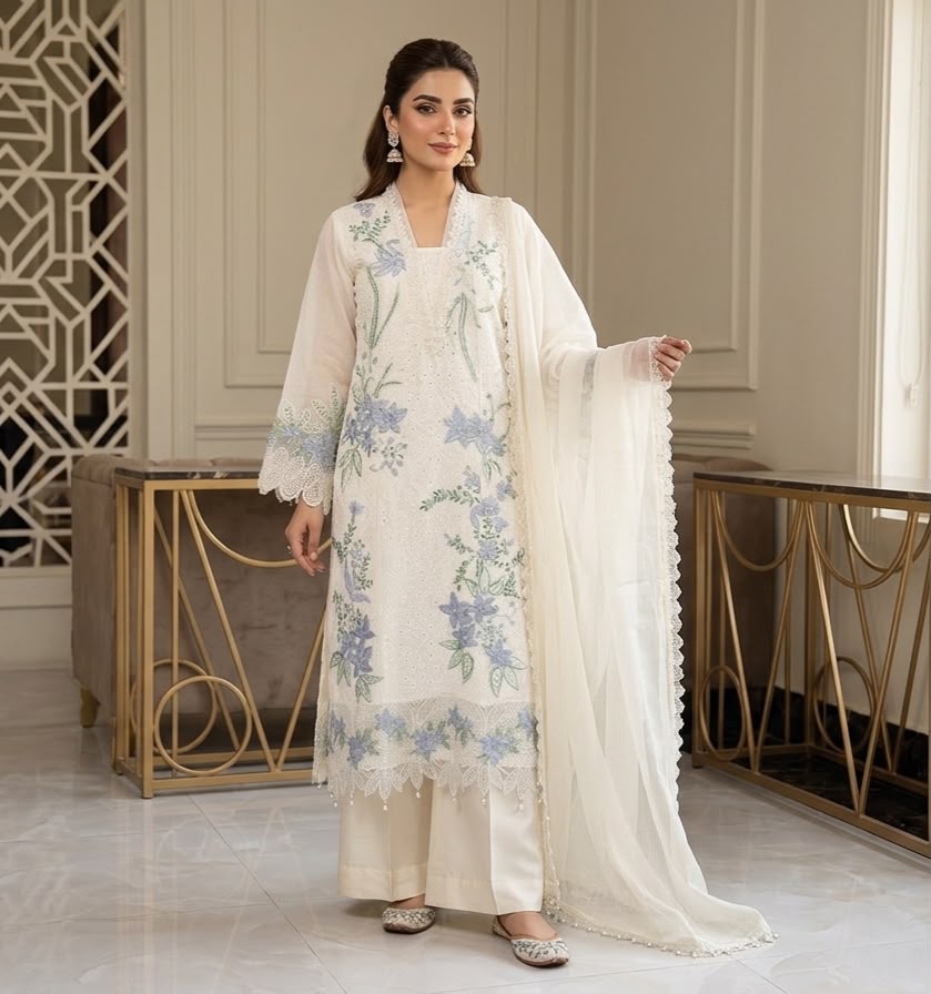 Ready To Wear Pure Cotton Lawn Beautiful Embroidered And 3D Flowers Work