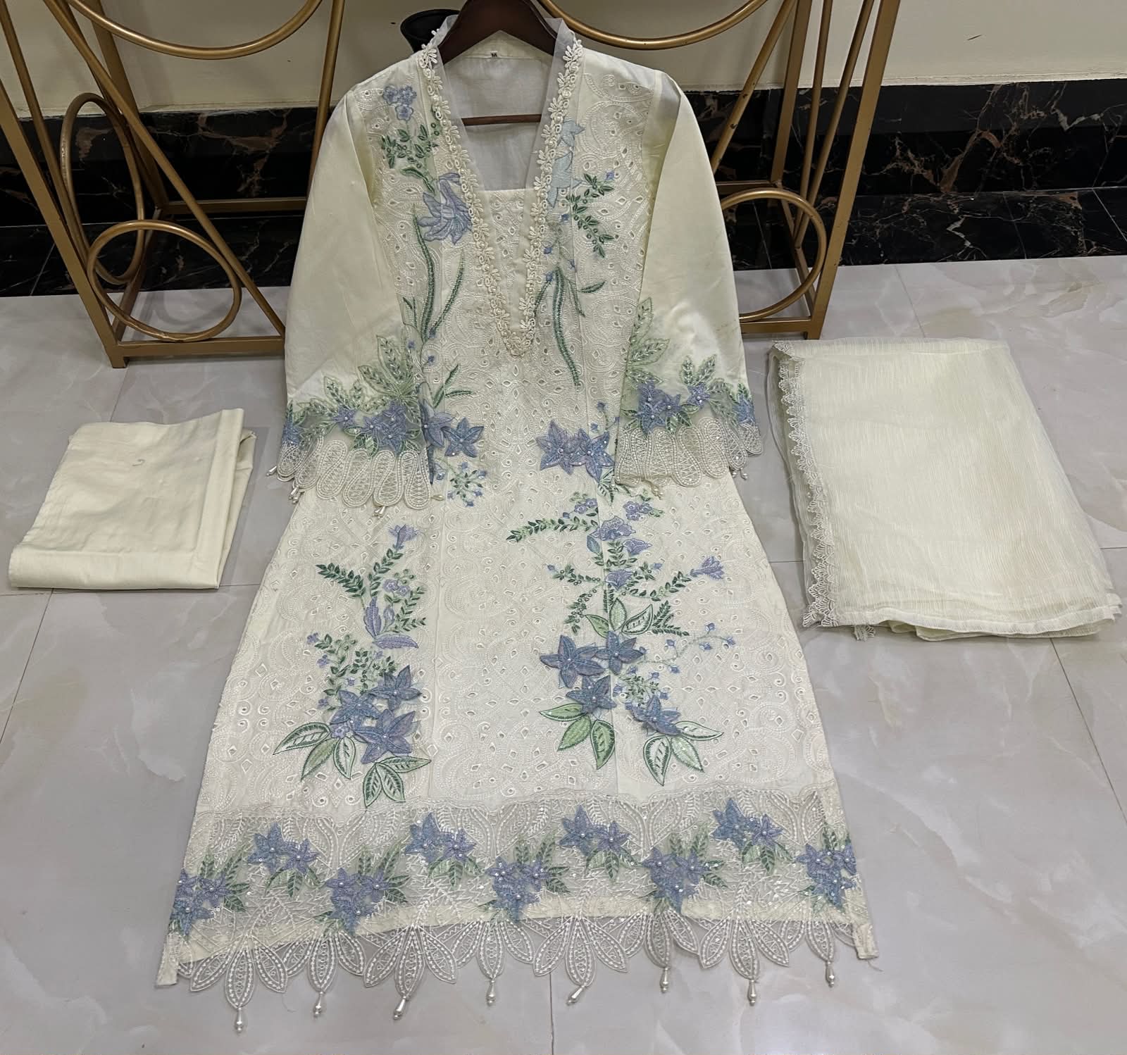 Ready To Wear Pure Cotton Lawn Beautiful Embroidered And 3D Flowers Work