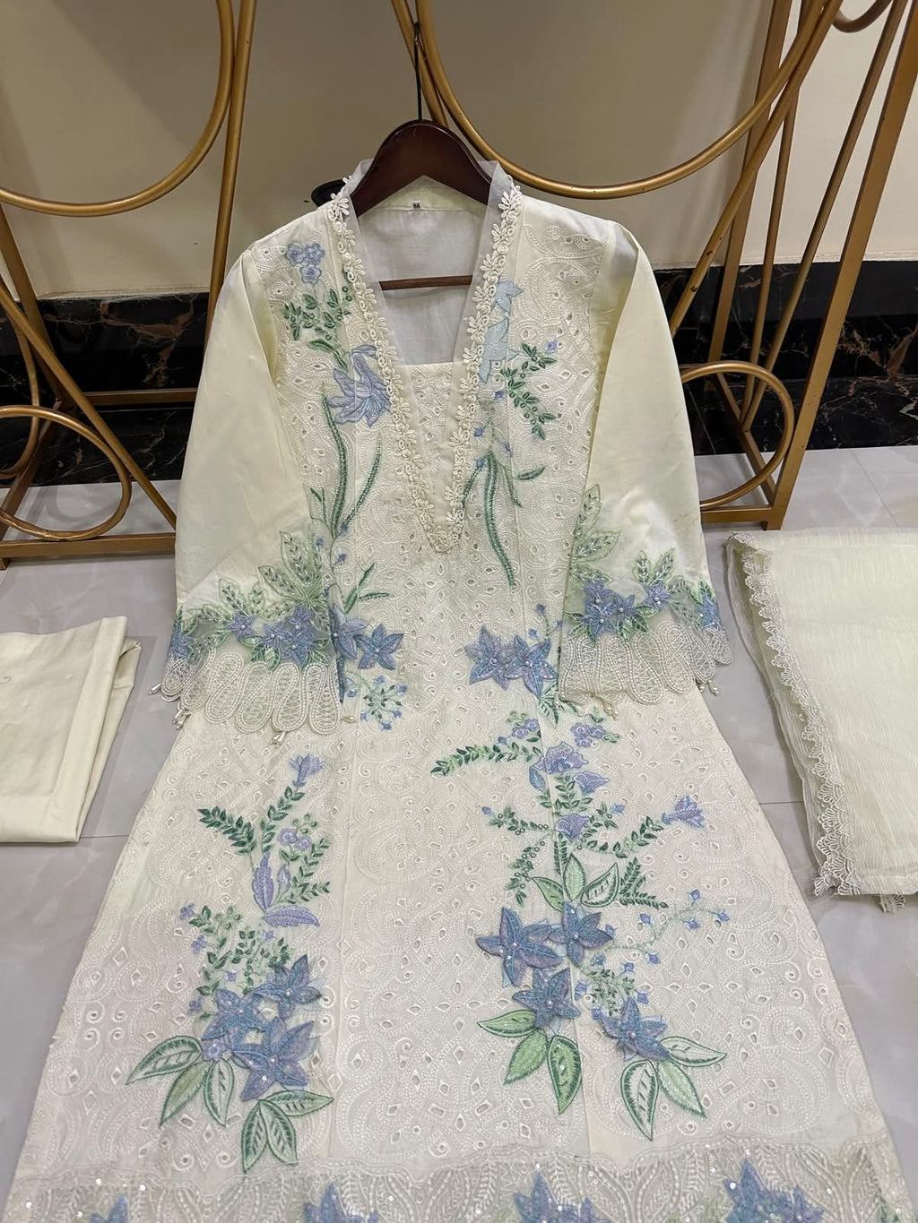 Ready To Wear Pure Cotton Lawn Beautiful Embroidered And 3D Flowers Work