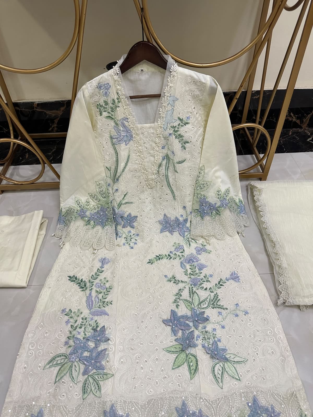 Ready To Wear Pure Cotton Lawn Beautiful Embroidered And 3D Flowers Work