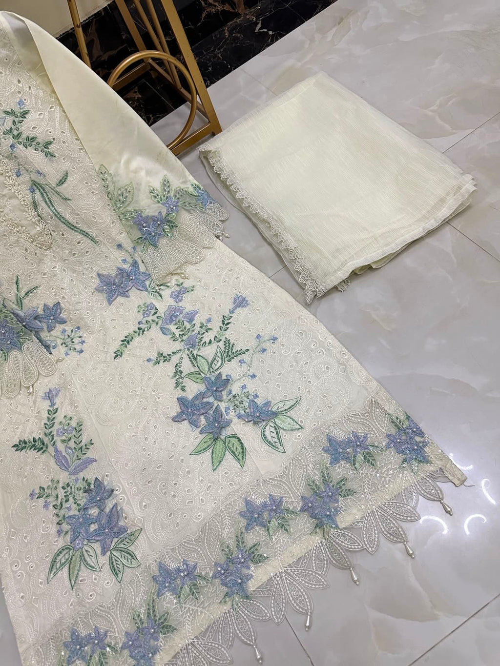 Ready To Wear Pure Cotton Lawn Beautiful Embroidered And 3D Flowers Work