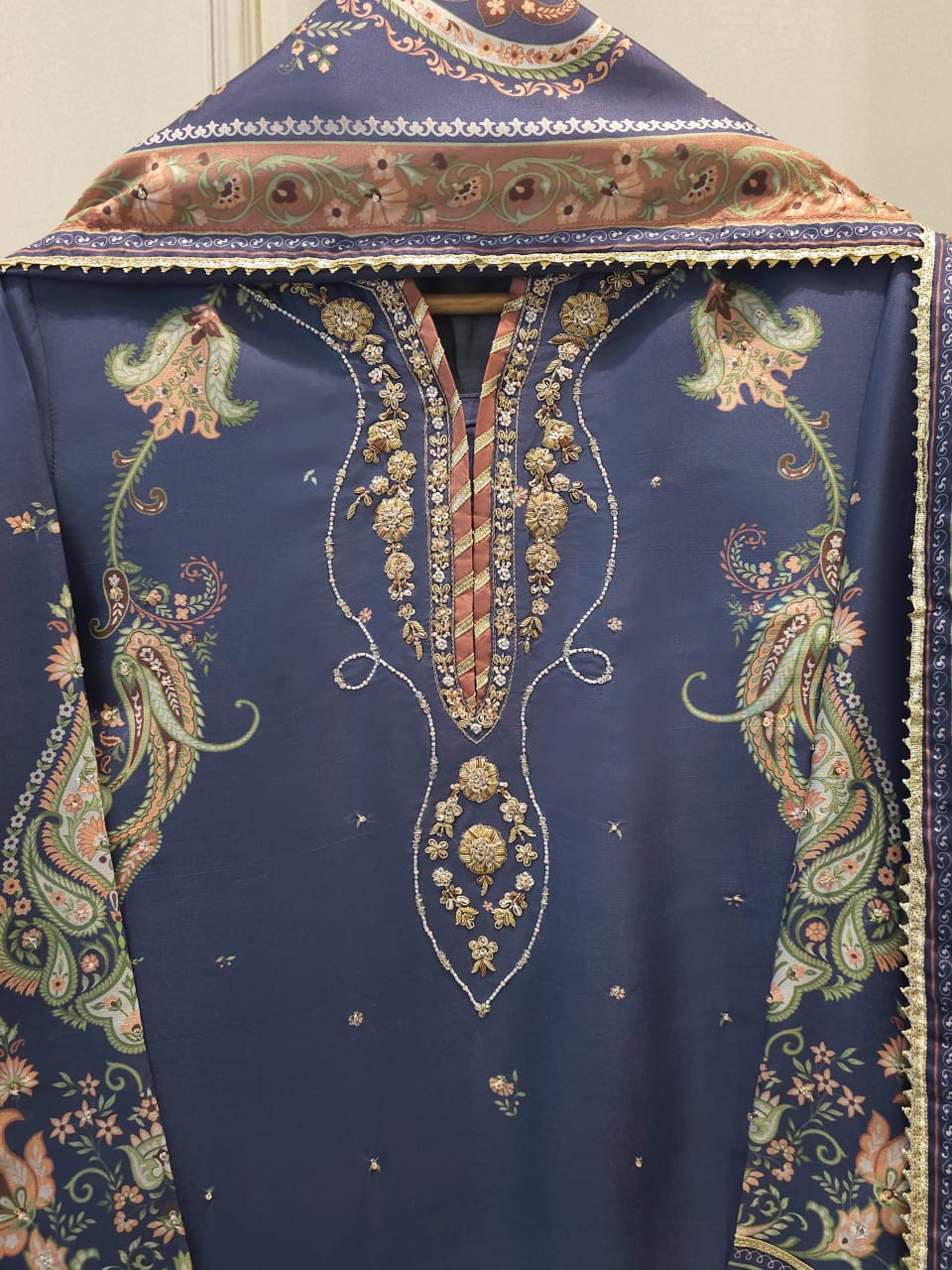 3 Piece- Pure Printed Raw Silk Embroidered Suit