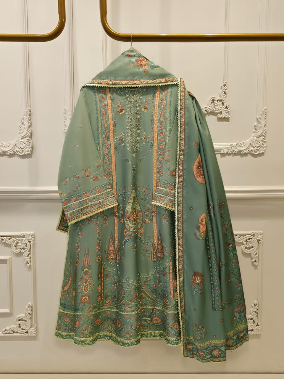 3 Piece- Pure Printed Raw Silk Embroidered Suit