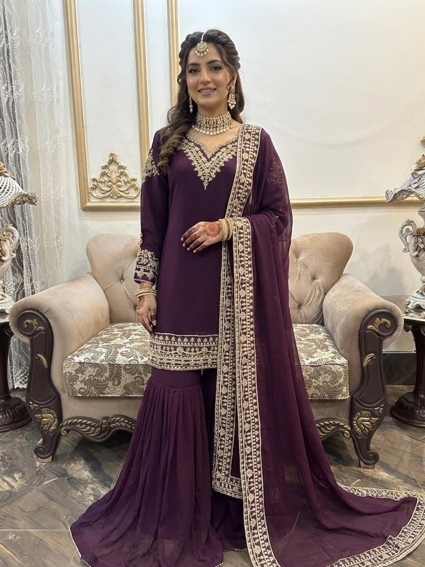 Ready To Wear Pure Chiffon Beautiful Handwork 3 Pcs