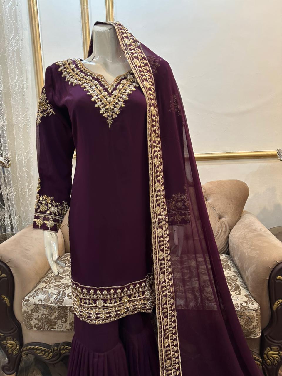 Ready To Wear Pure Chiffon Beautiful Handwork 3 Pcs