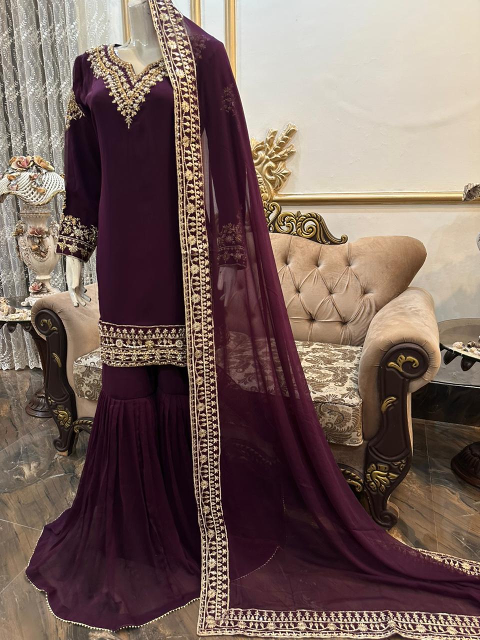 Ready To Wear Pure Chiffon Beautiful Handwork 3 Pcs