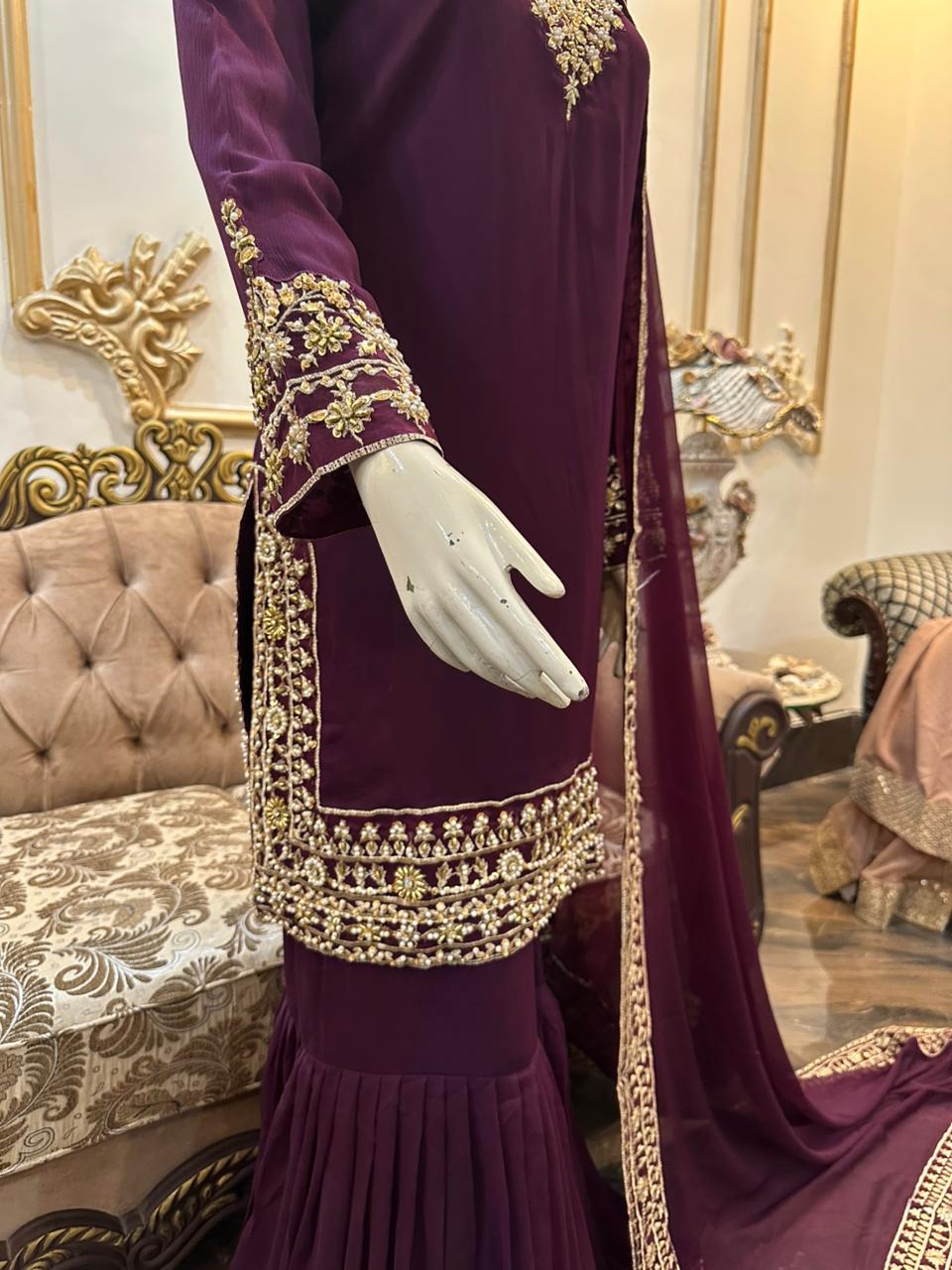 Ready To Wear Pure Chiffon Beautiful Handwork 3 Pcs