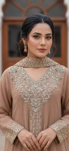 Ready To Wear New Pure Chiffon Beautiful Handwork  3 Pcs