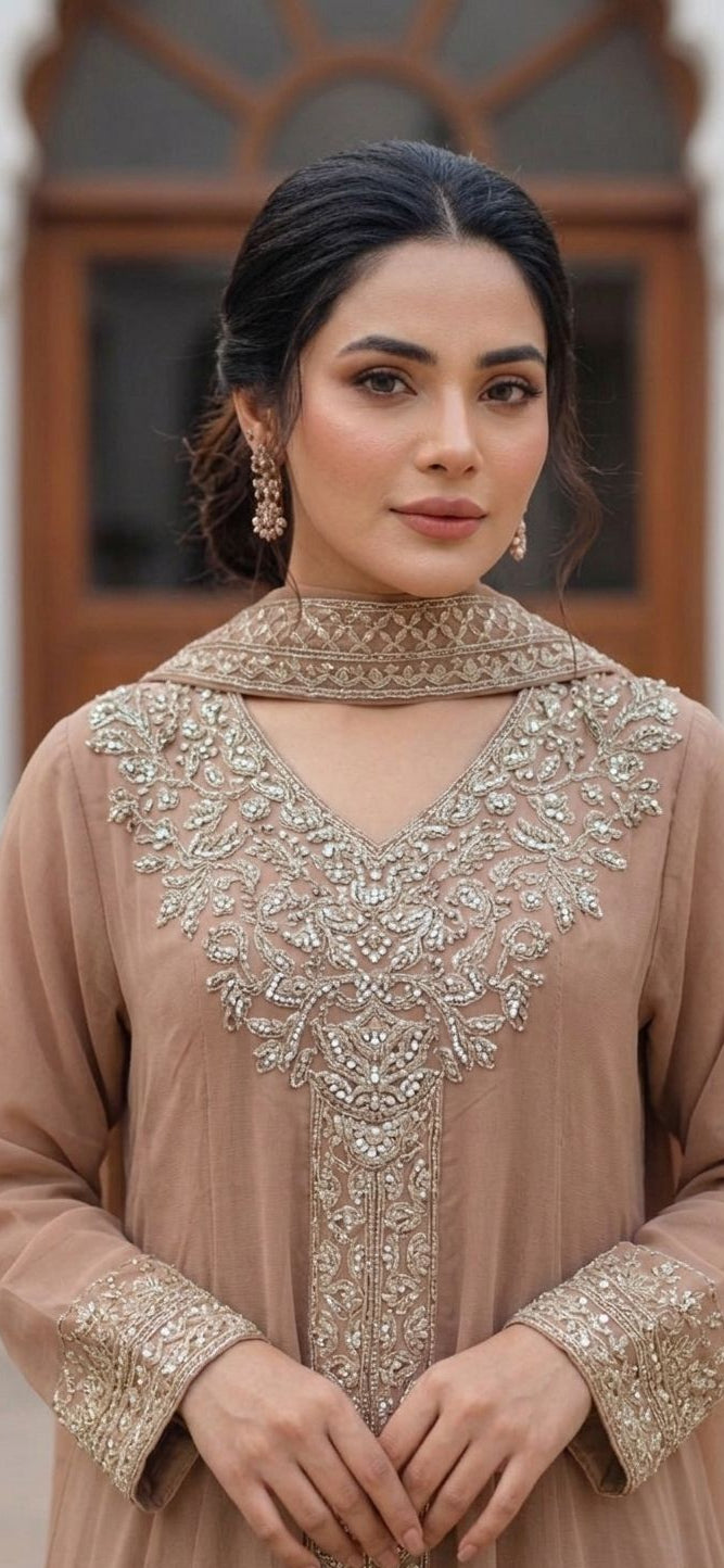 Ready To Wear New Pure Chiffon Beautiful Handwork  3 Pcs