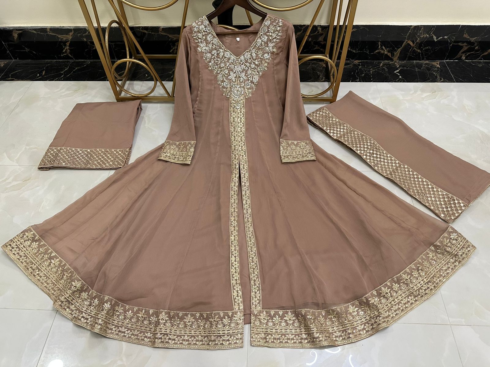 Ready To Wear New Pure Chiffon Beautiful Handwork  3 Pcs