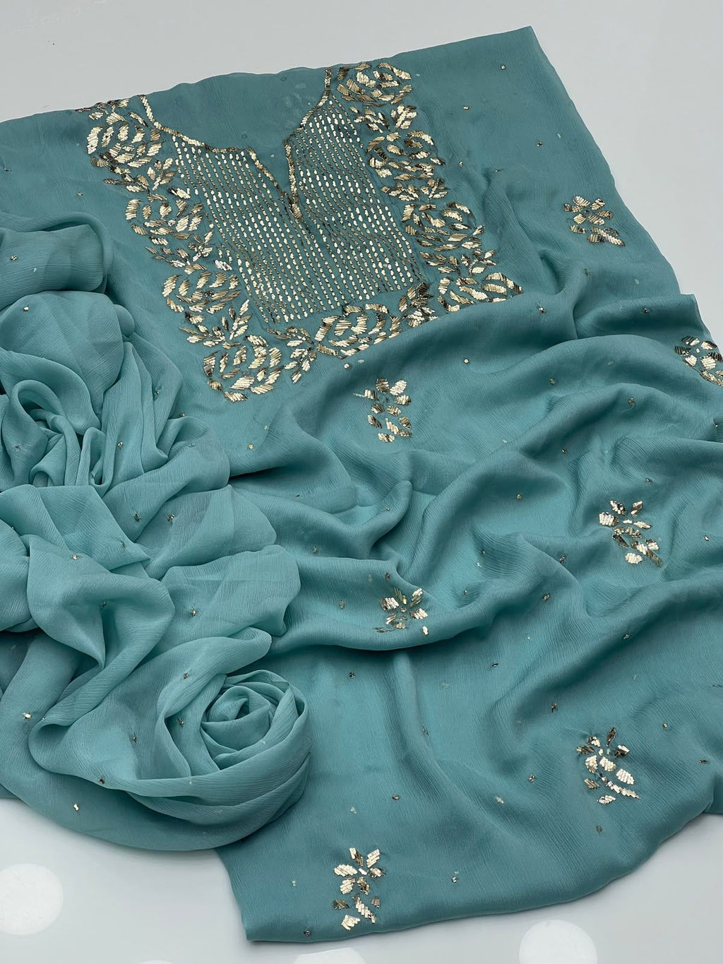 Handmade Rose Gold Mukesh Work Shifoon 2PC Suit