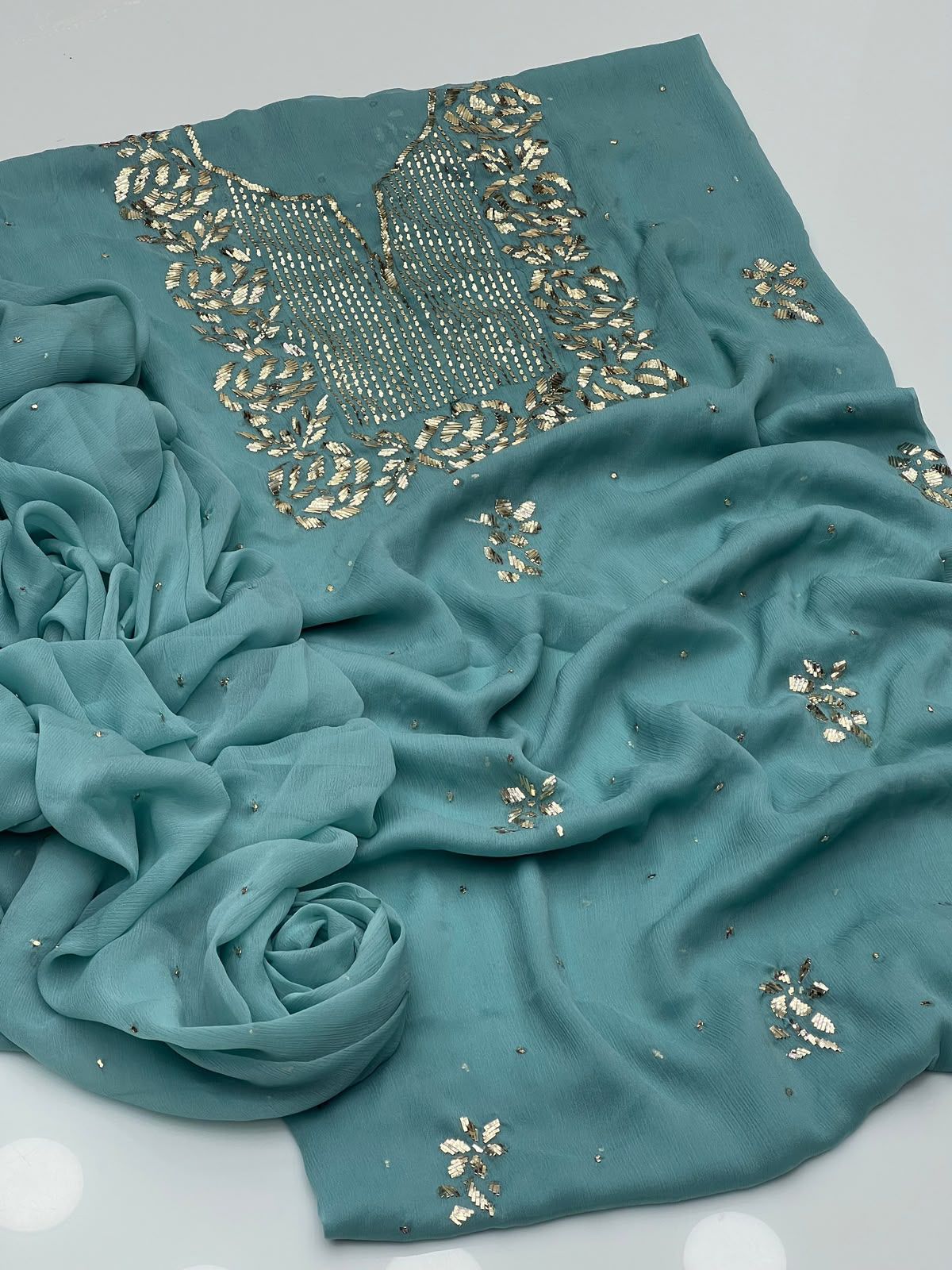Handmade Rose Gold Mukesh Work Shifoon 2PC Suit