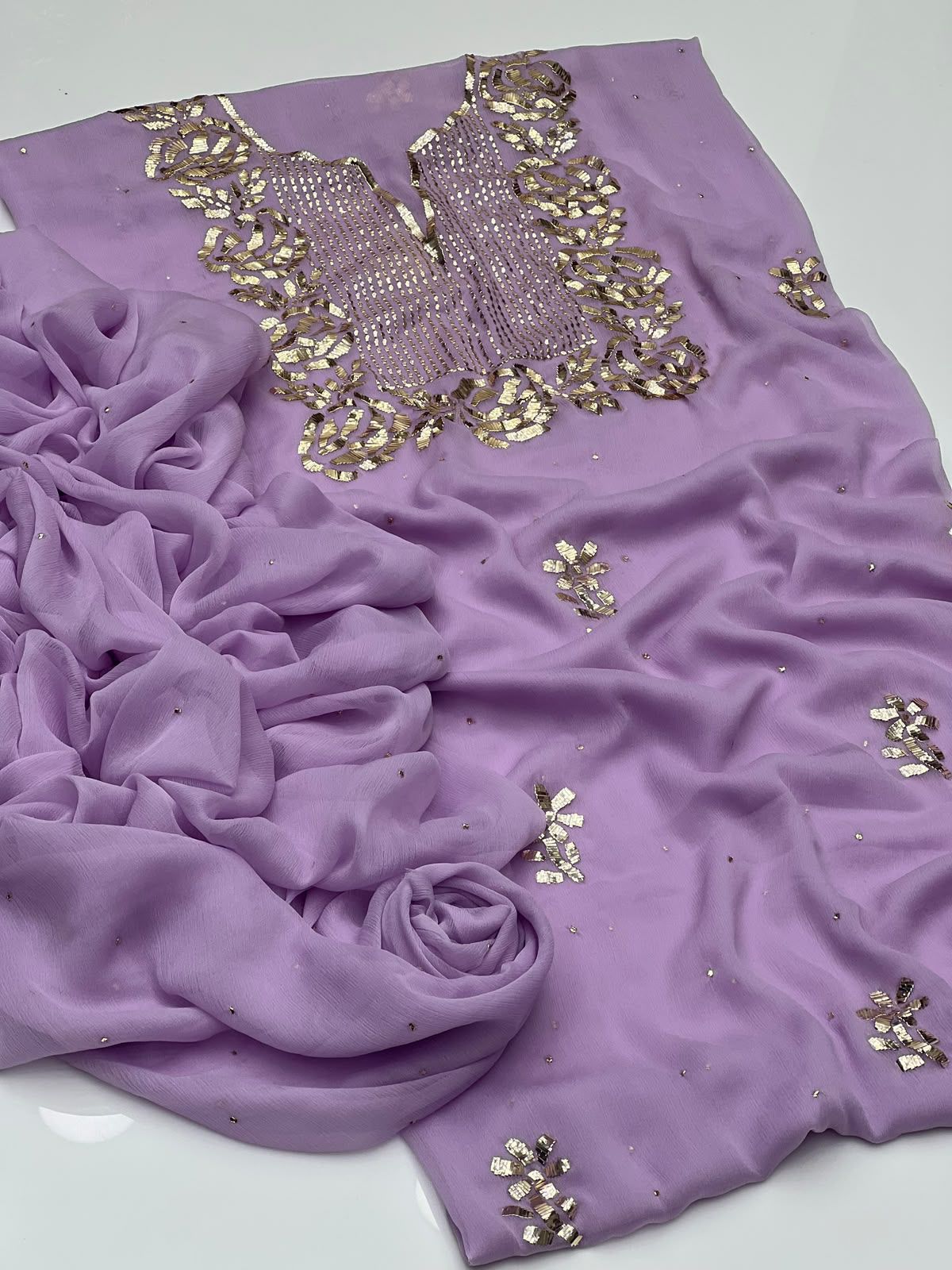 Handmade Rose Gold Mukesh Work Shifoon 2PC Suit