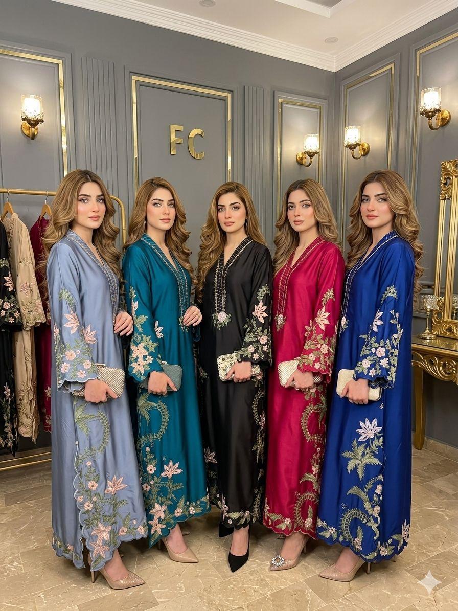 Premium Silk Embroidered 3PC Long Kaftan Set