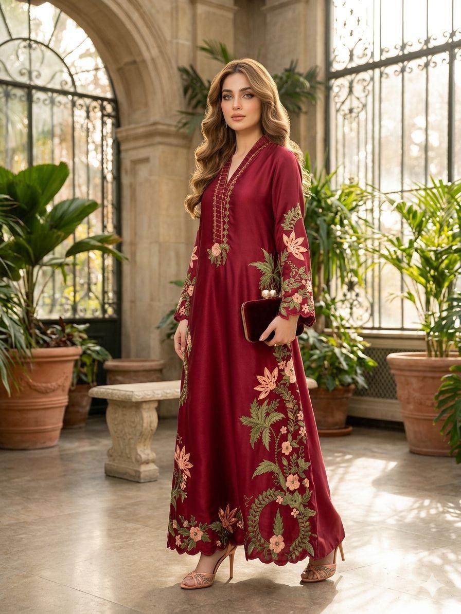 Premium Silk Embroidered 3PC Long Kaftan Set