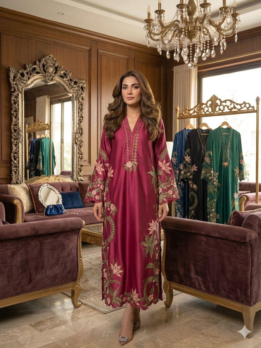 Premium Silk Embroidered 3PC Long Kaftan Set