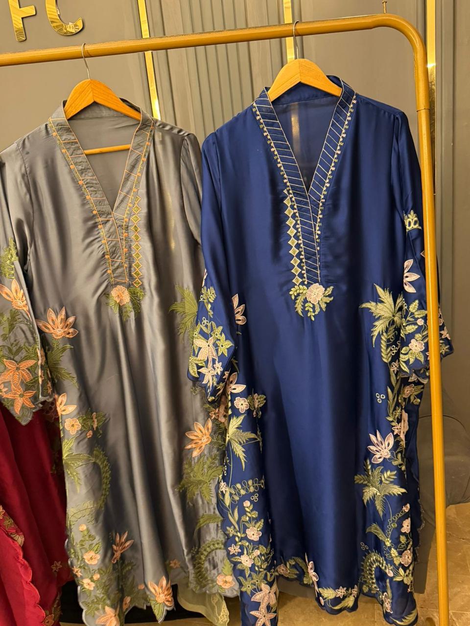 Premium Silk Embroidered 3PC Long Kaftan Set