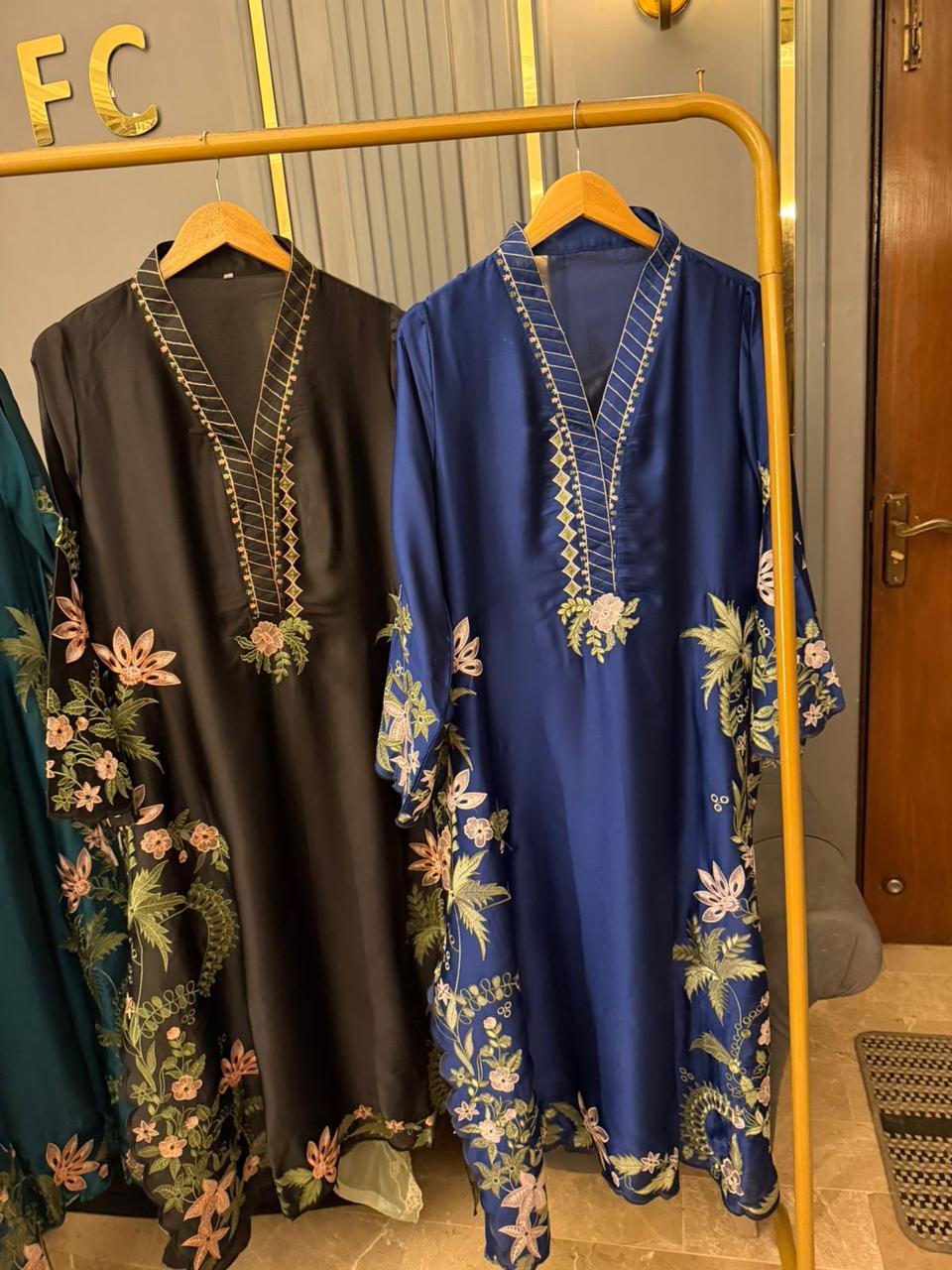 Premium Silk Embroidered 3PC Long Kaftan Set
