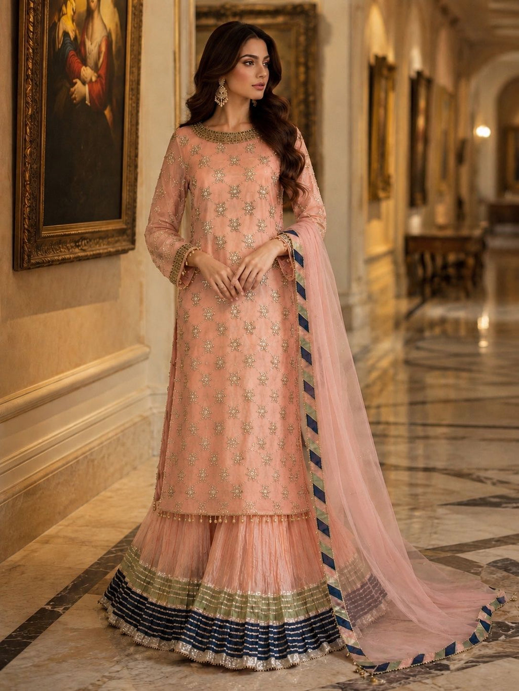 Elegant Embroidered Chiffon Festive Shirt With Crushed Silk Sharara & Organza Dupatta
