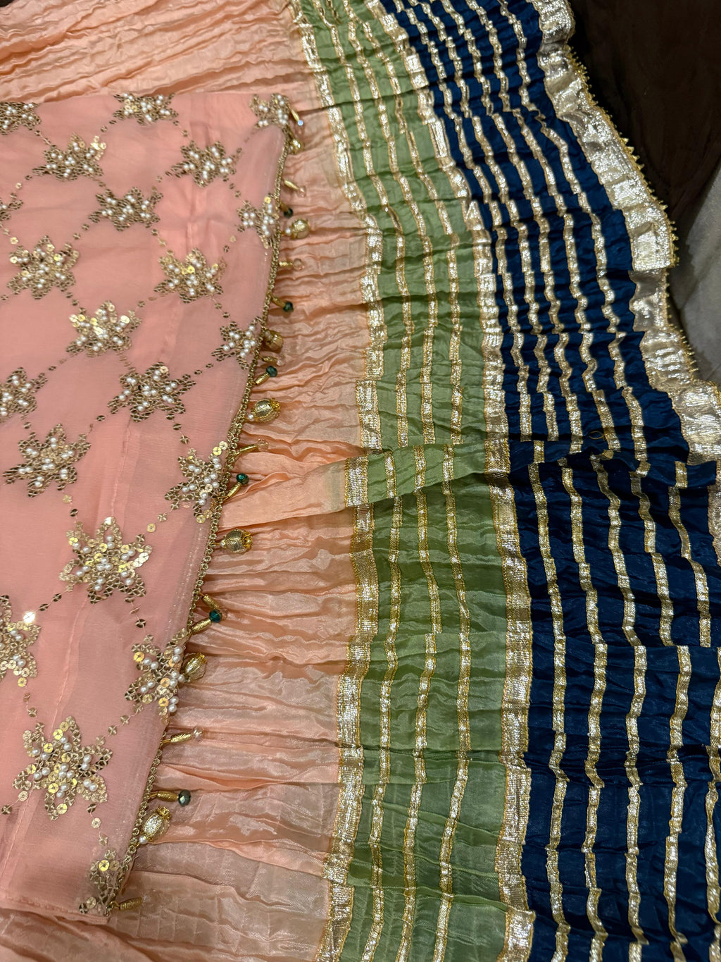 Elegant Embroidered Chiffon Festive Shirt With Crushed Silk Sharara & Organza Dupatta