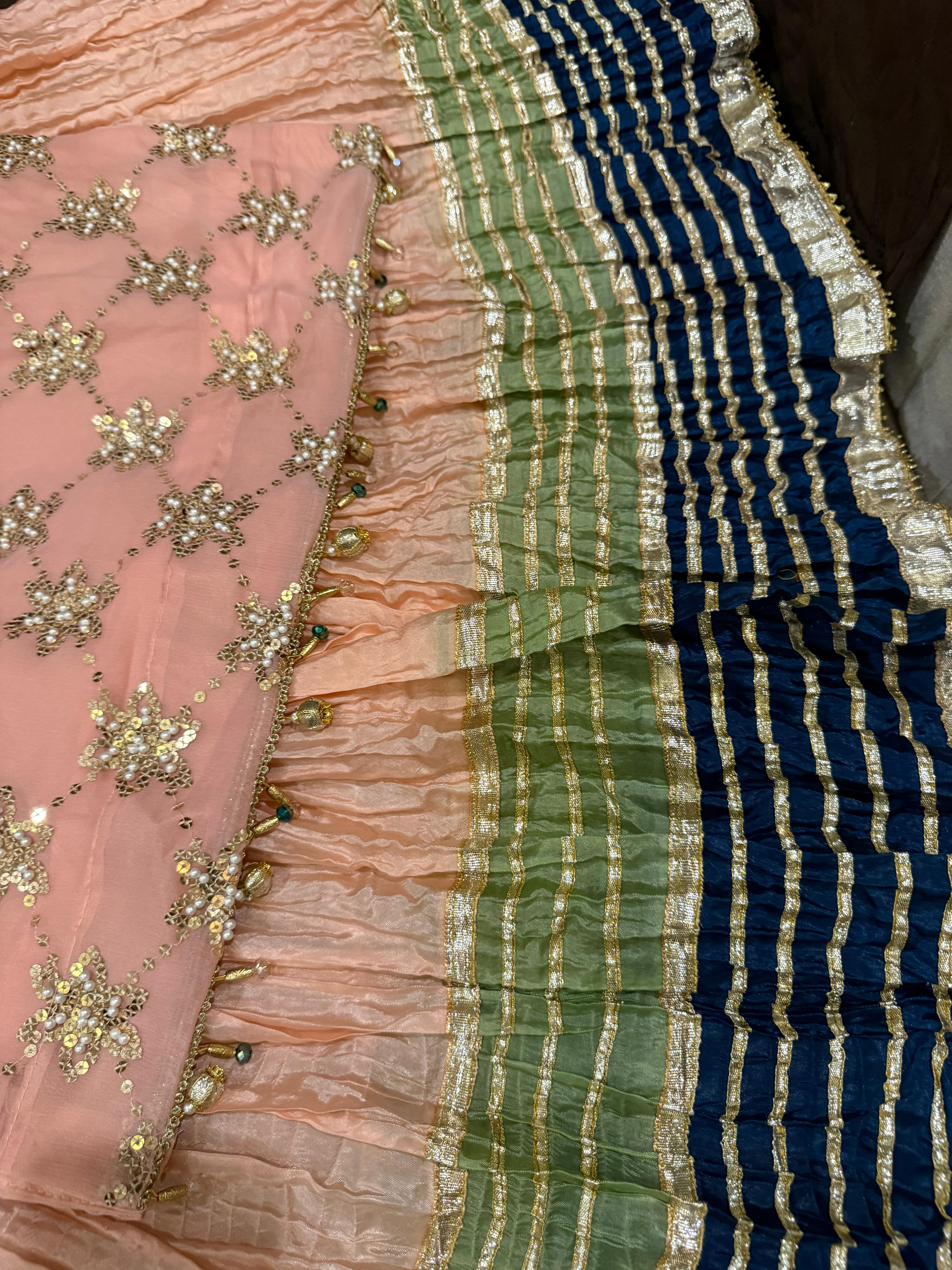 Elegant Embroidered Chiffon Festive Shirt With Crushed Silk Sharara & Organza Dupatta