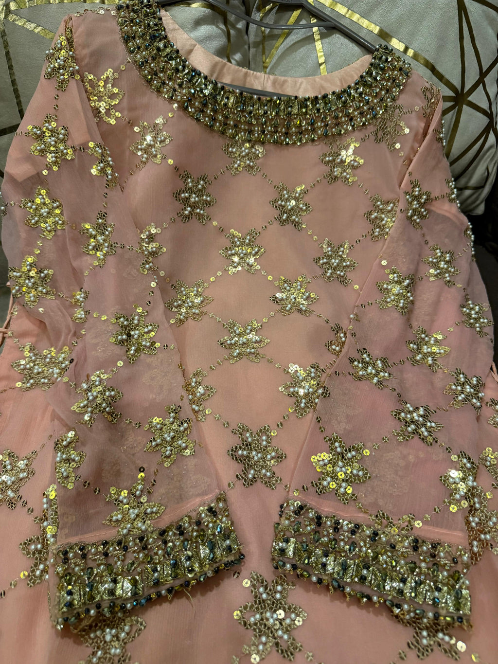 Elegant Embroidered Chiffon Festive Shirt With Crushed Silk Sharara & Organza Dupatta