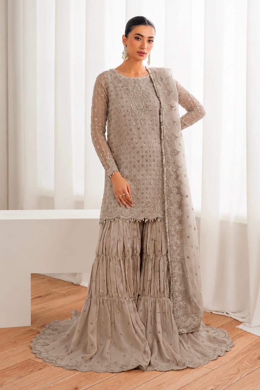 Luxury Pure Chiffon Hand Embellished 3PC Suit With Farshi Gharara & Embroidered Dupatta