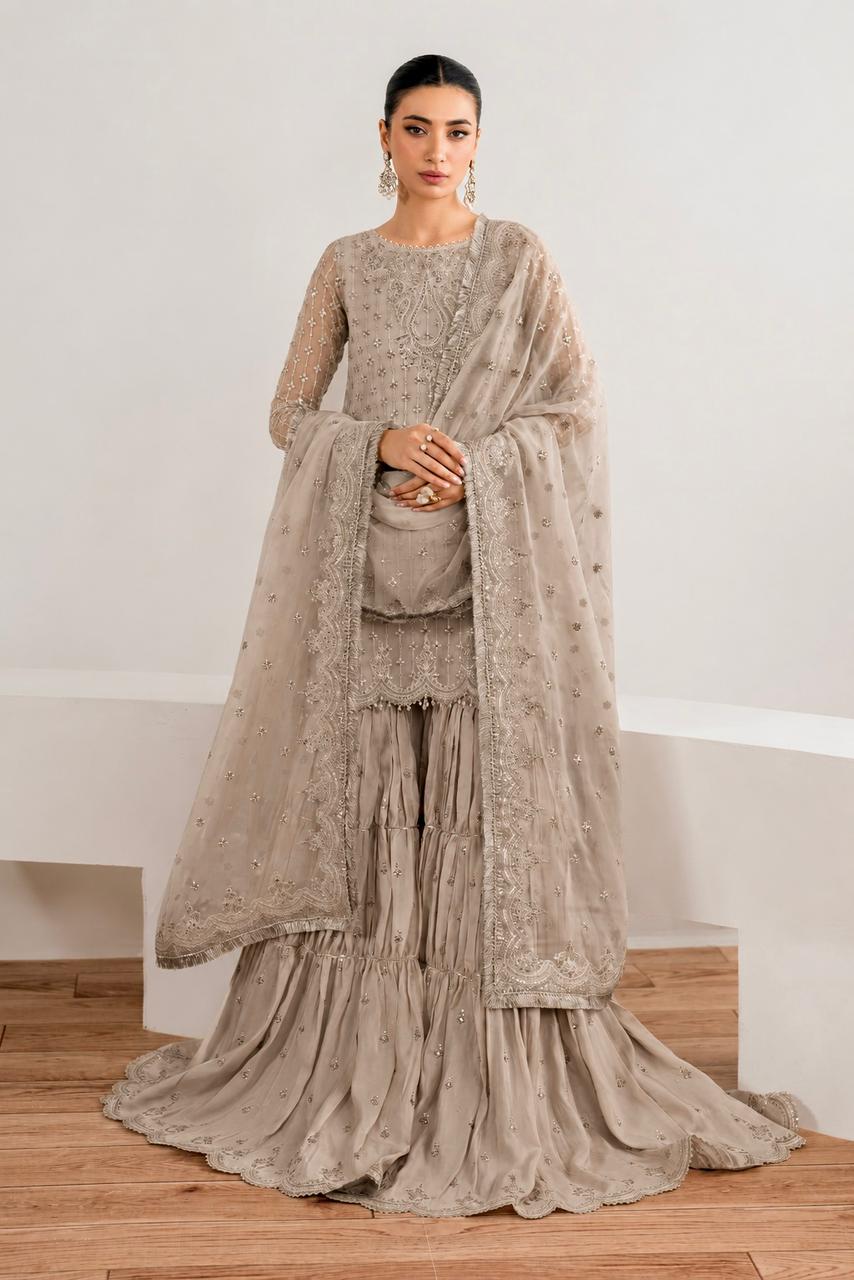Luxury Pure Chiffon Hand Embellished 3PC Suit With Farshi Gharara & Embroidered Dupatta