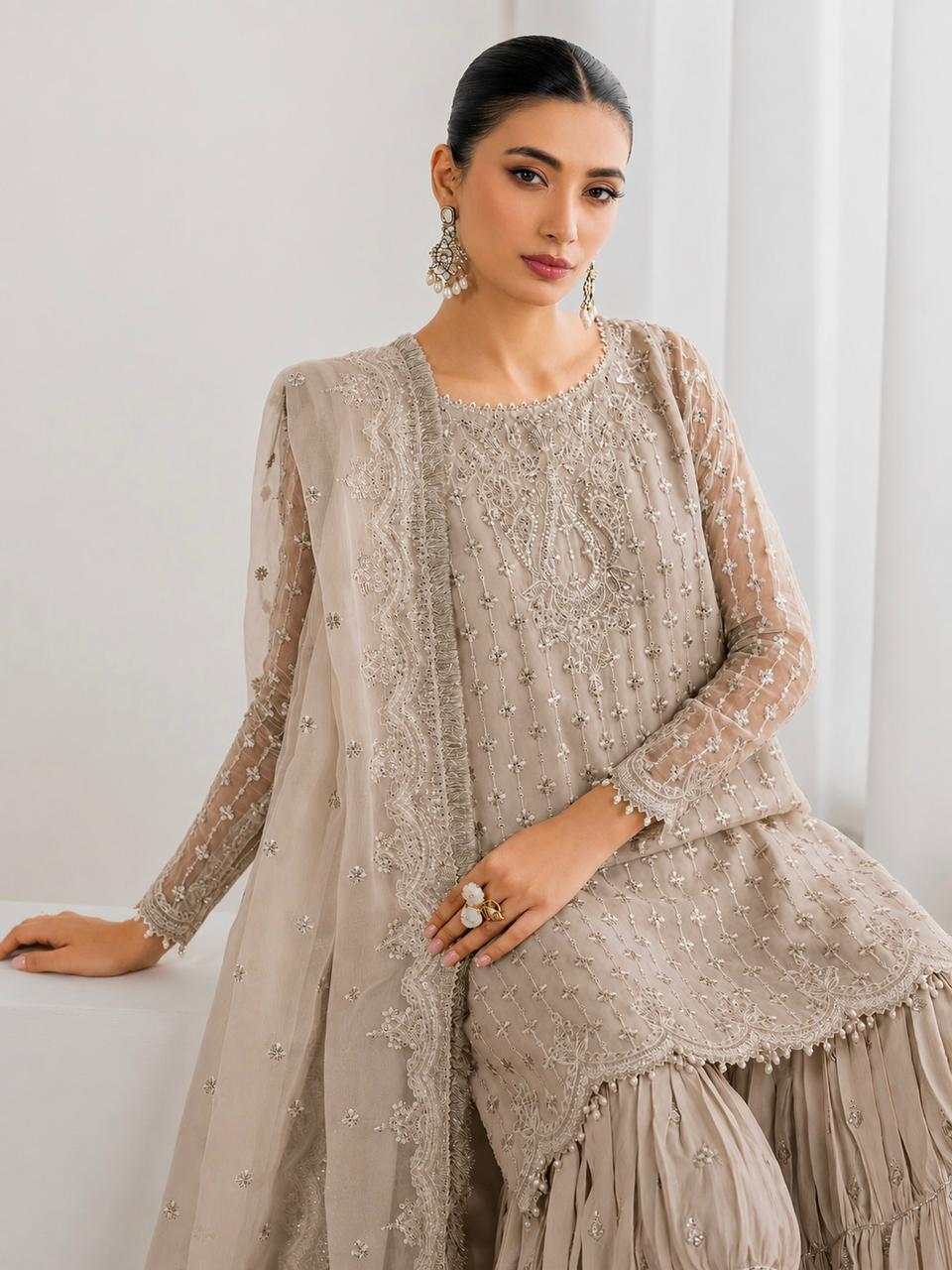 Luxury Pure Chiffon Hand Embellished 3PC Suit With Farshi Gharara & Embroidered Dupatta