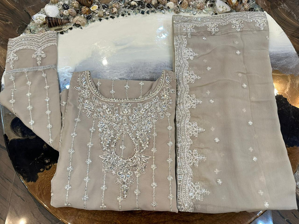 Luxury Pure Chiffon Hand Embellished 3PC Suit With Farshi Gharara & Embroidered Dupatta