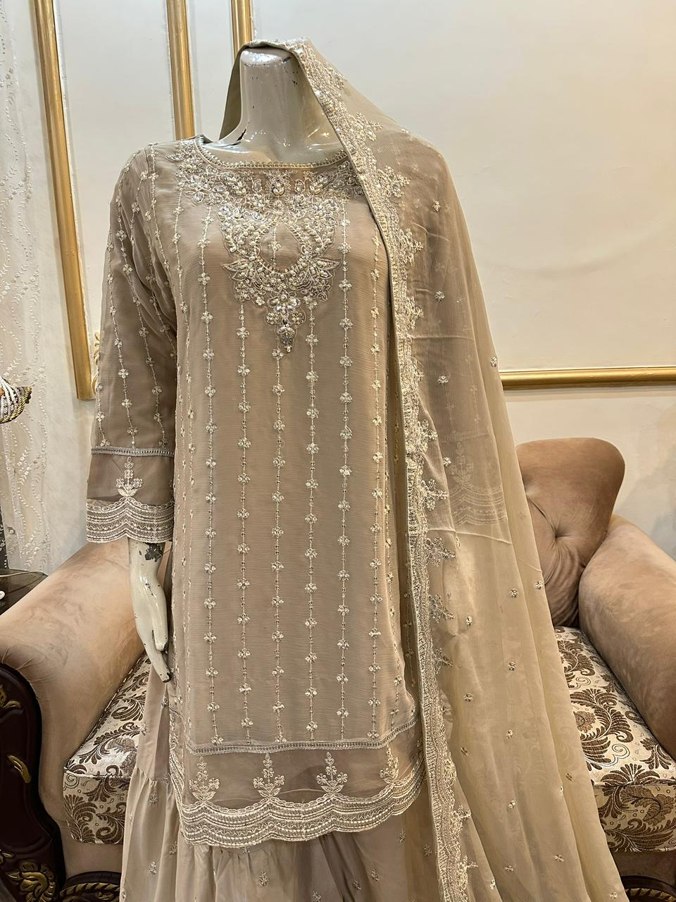 Luxury Pure Chiffon Hand Embellished 3PC Suit With Farshi Gharara & Embroidered Dupatta
