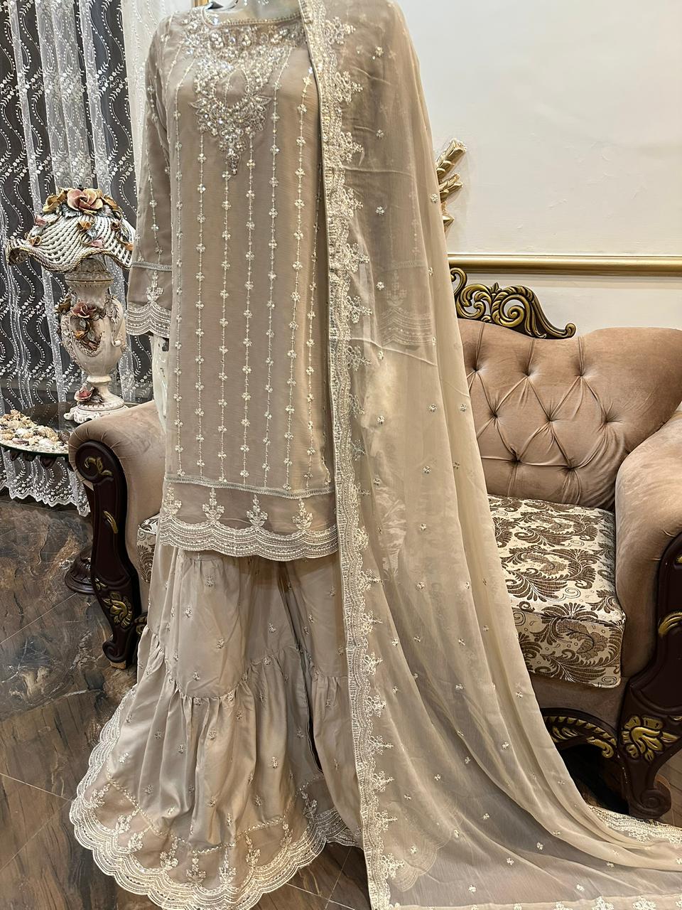 Luxury Pure Chiffon Hand Embellished 3PC Suit With Farshi Gharara & Embroidered Dupatta