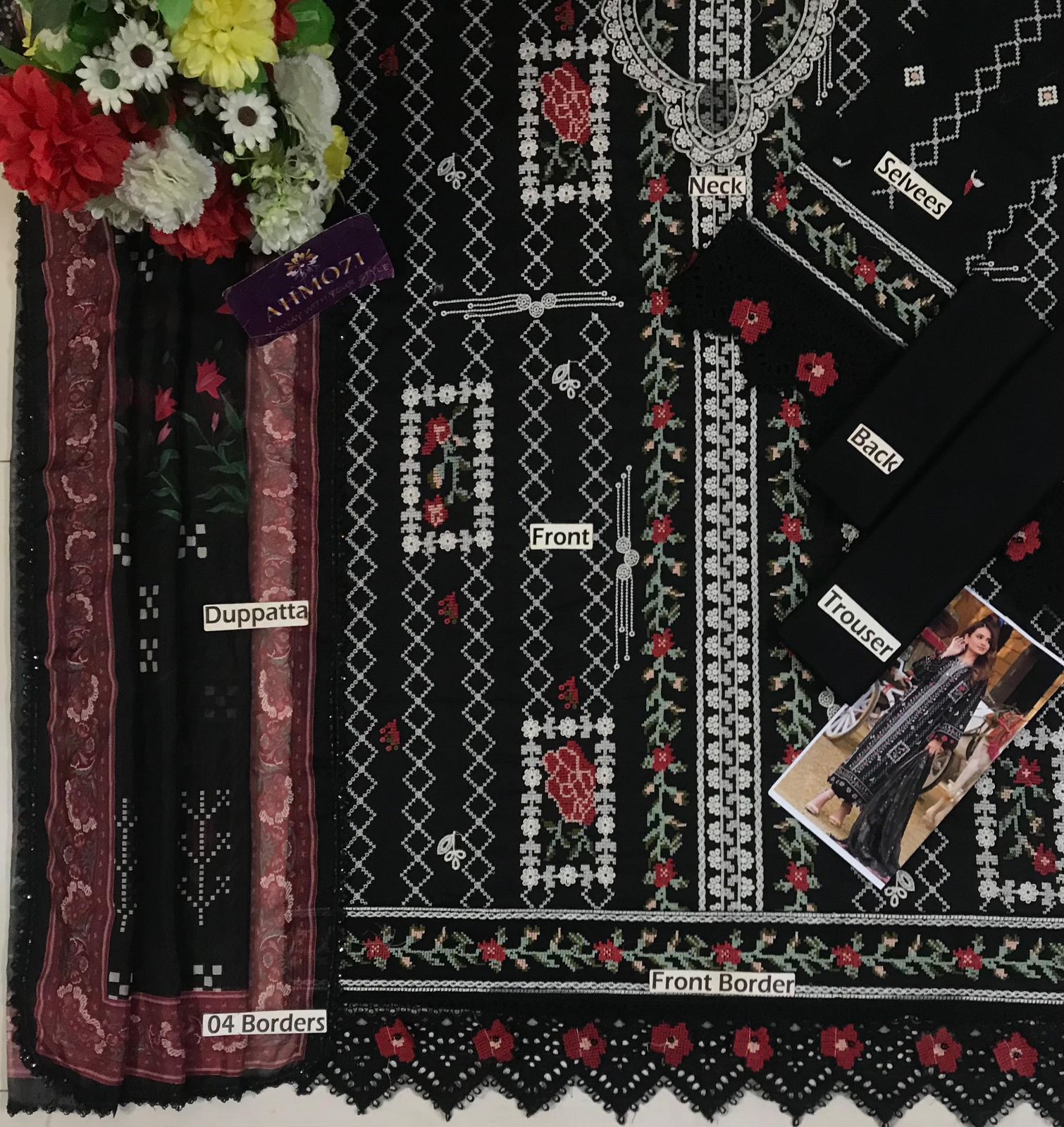 Aneelas Lawn Luxury 4Suti Embroidered 3PC Suit With Cutwork Silk Dupatta