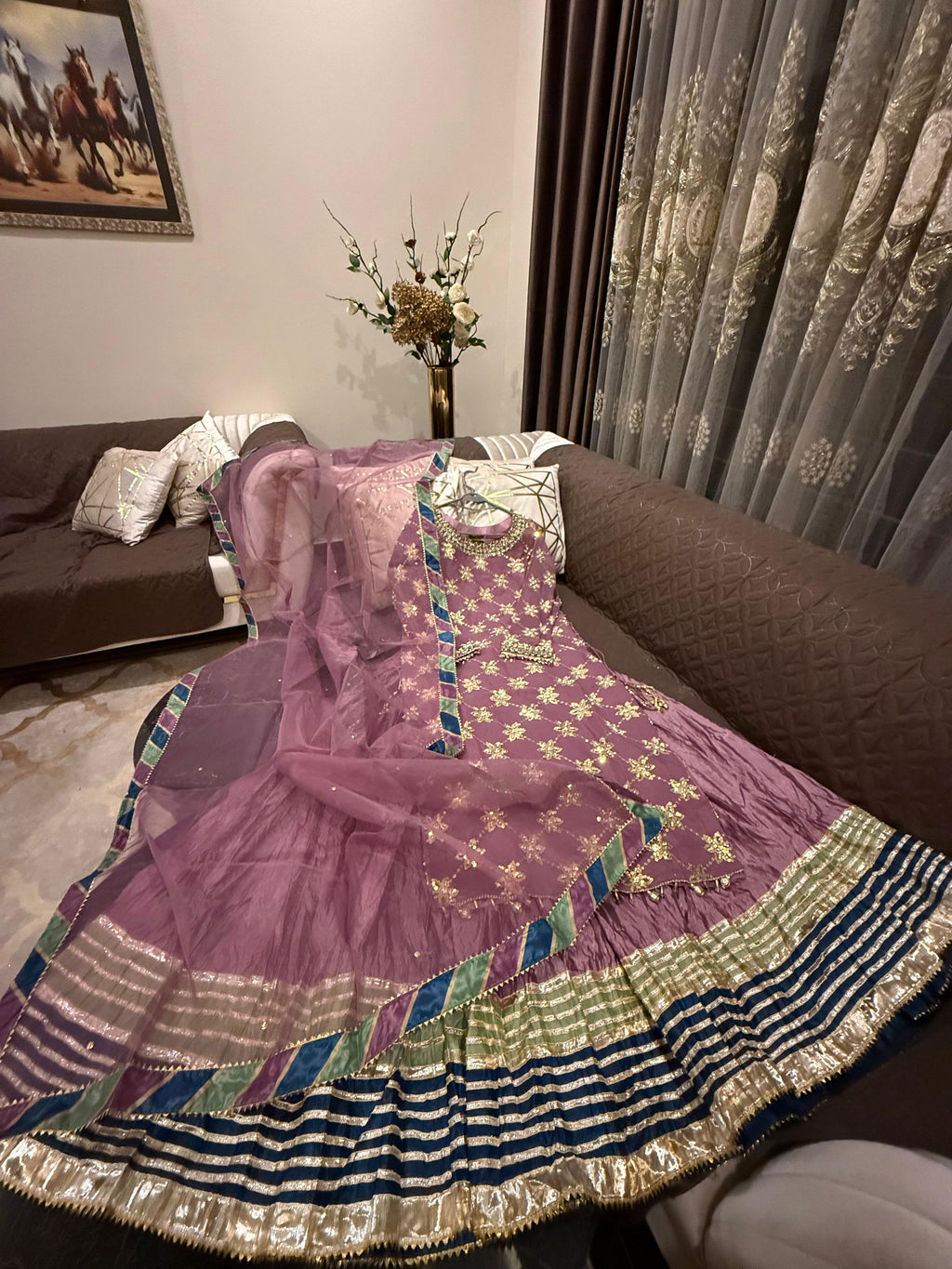 Elegant Embroidered Chiffon Festive Shirt With Crushed Silk Sharara & Organza Dupatta