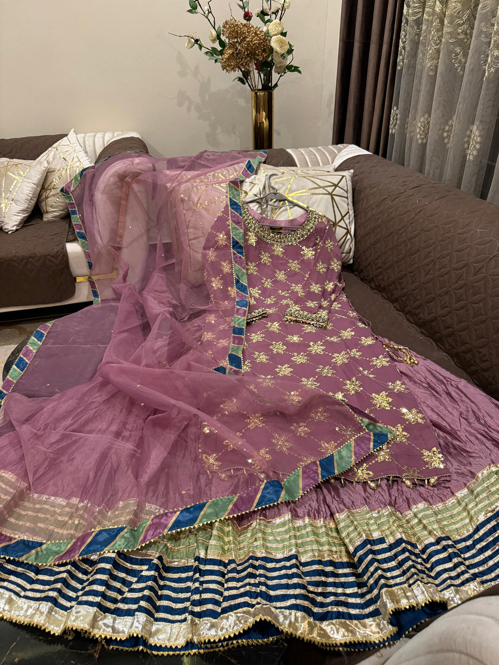 Elegant Embroidered Chiffon Festive Shirt With Crushed Silk Sharara & Organza Dupatta
