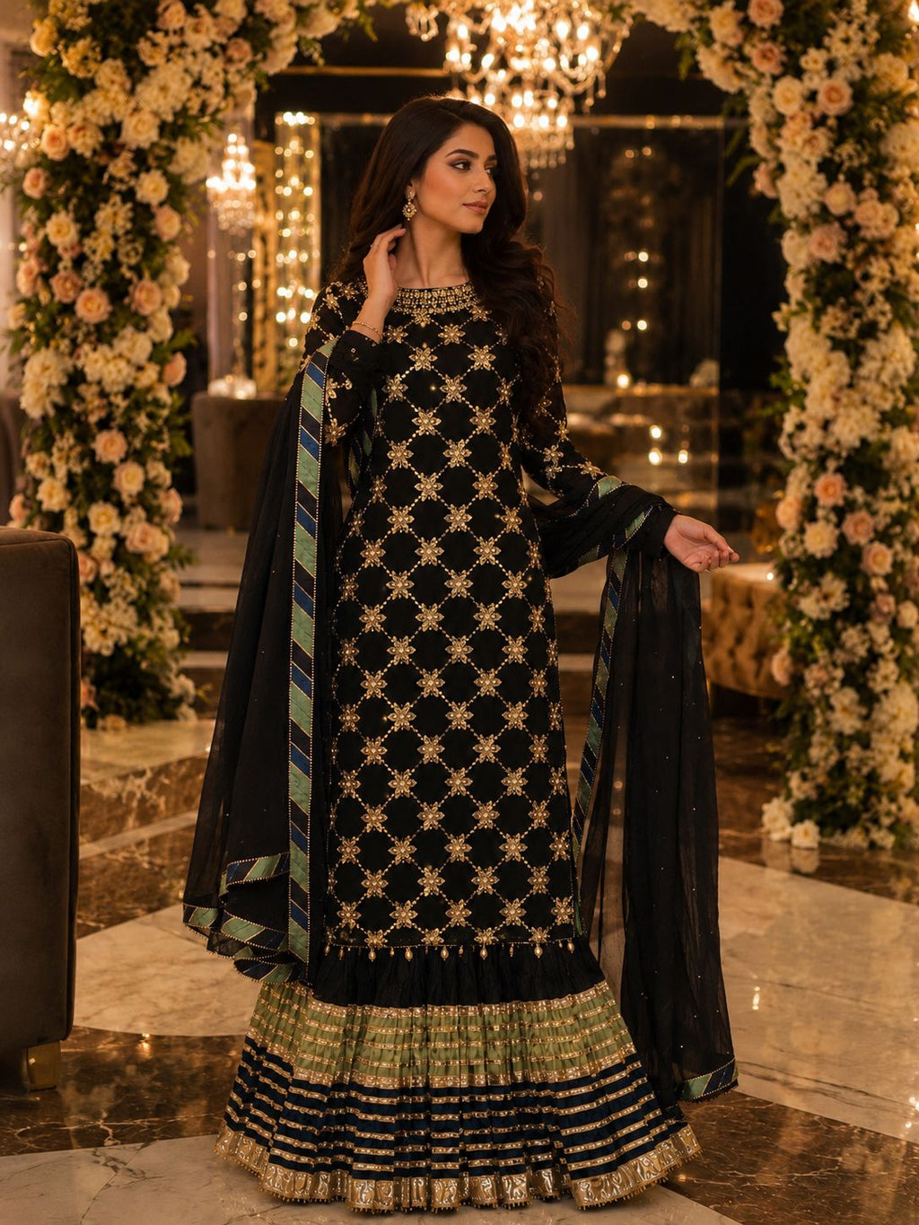 Elegant Embroidered Chiffon Festive Shirt With Crushed Silk Sharara & Organza Dupatta