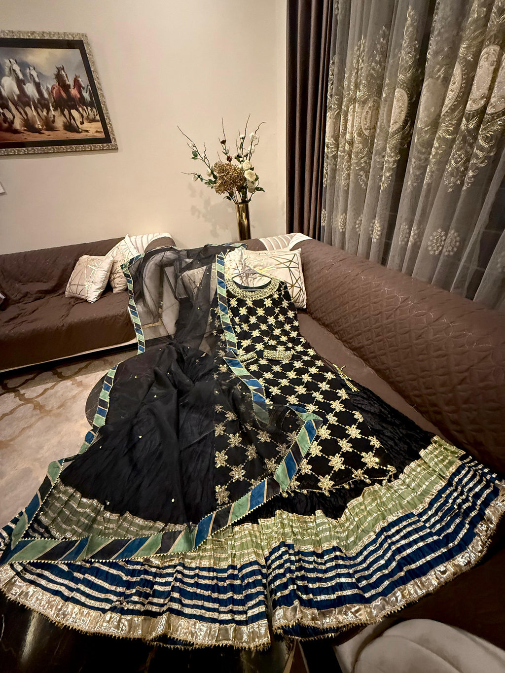 Elegant Embroidered Chiffon Festive Shirt With Crushed Silk Sharara & Organza Dupatta