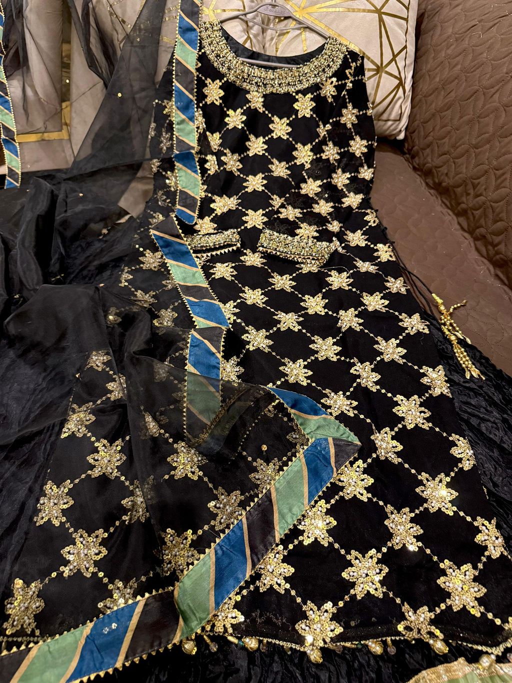 Elegant Embroidered Chiffon Festive Shirt With Crushed Silk Sharara & Organza Dupatta