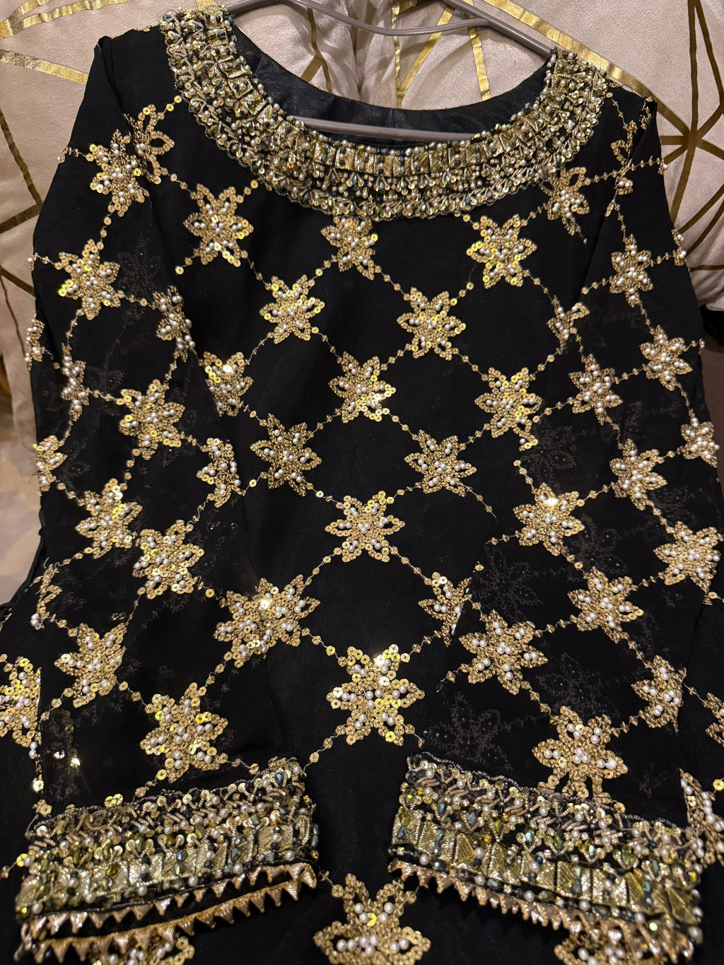 Elegant Embroidered Chiffon Festive Shirt With Crushed Silk Sharara & Organza Dupatta