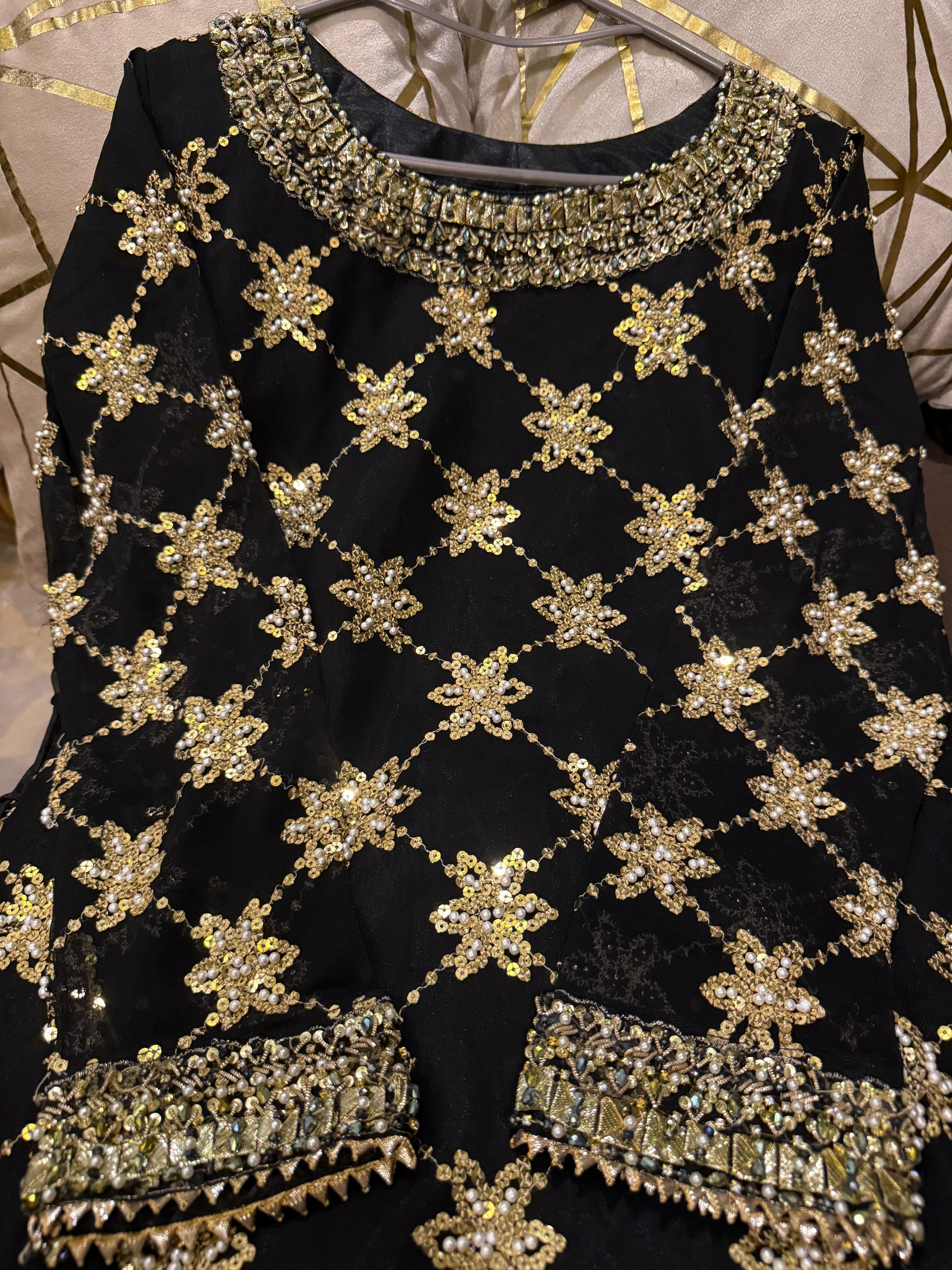 Elegant Embroidered Chiffon Festive Shirt With Crushed Silk Sharara & Organza Dupatta
