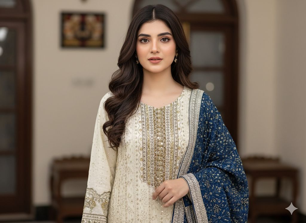 Luxury Pure Chiffon Hand Embellished 3PC Suit With Contrast Dupatta & Crush Flapper