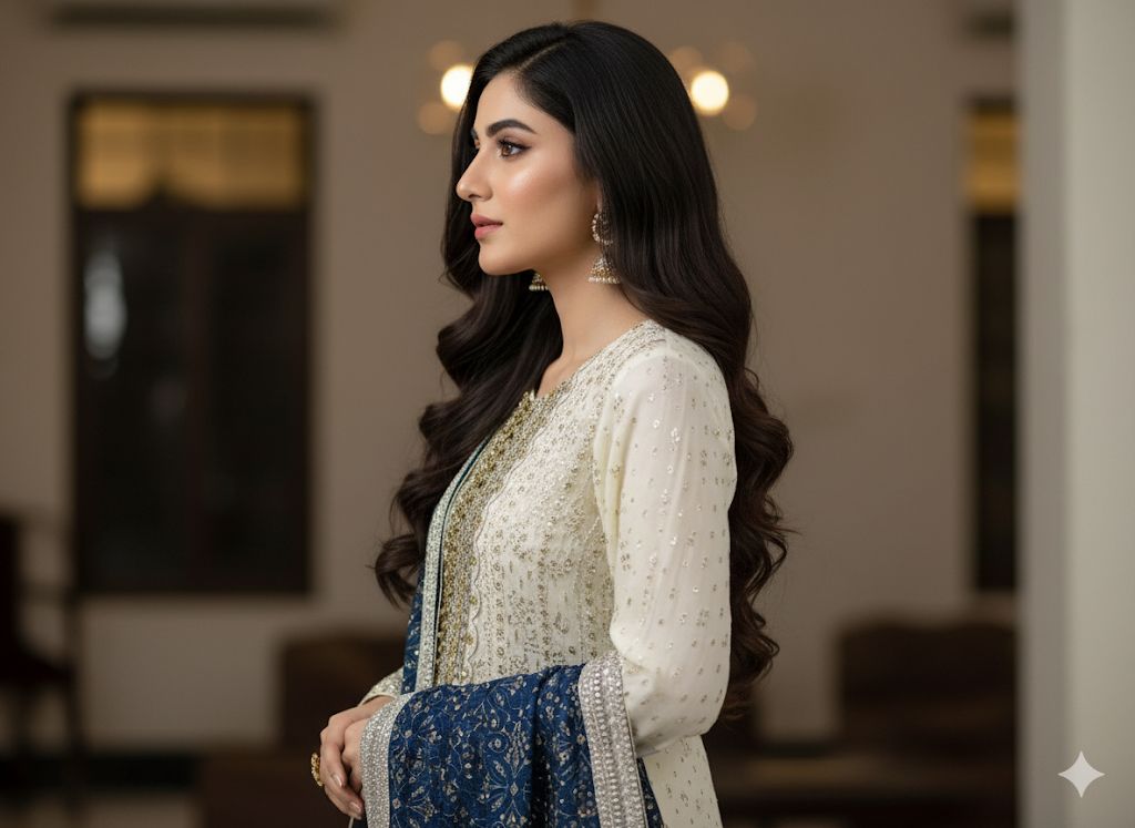 Luxury Pure Chiffon Hand Embellished 3PC Suit With Contrast Dupatta & Crush Flapper