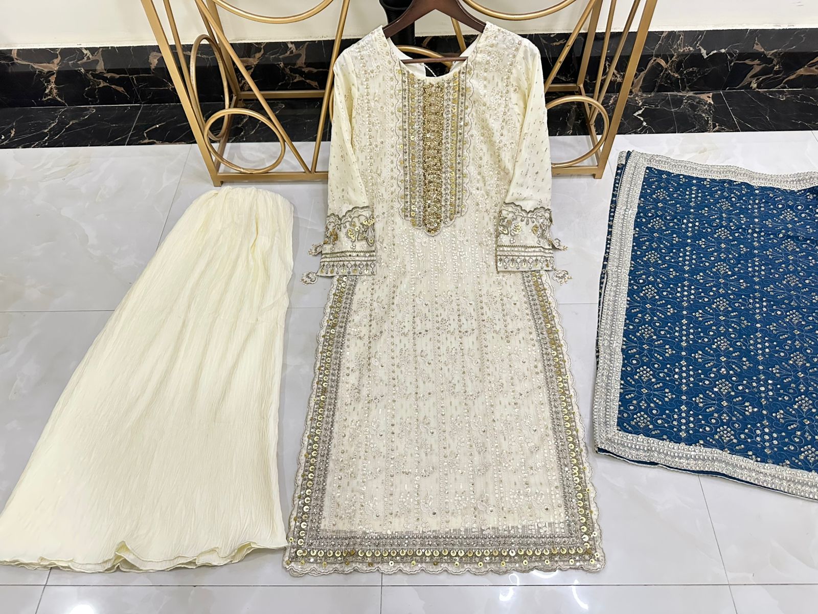 Luxury Pure Chiffon Hand Embellished 3PC Suit With Contrast Dupatta & Crush Flapper