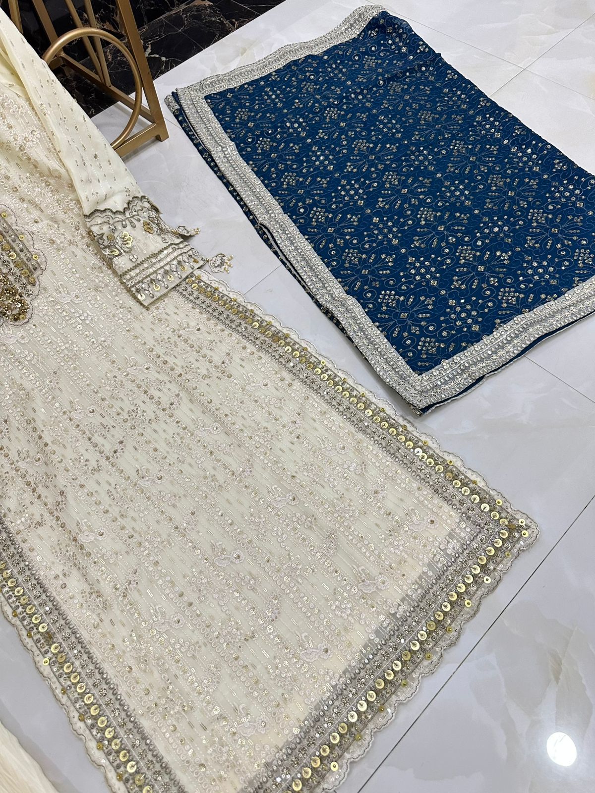 Luxury Pure Chiffon Hand Embellished 3PC Suit With Contrast Dupatta & Crush Flapper