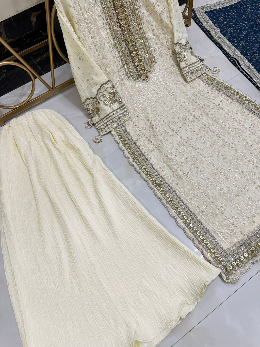 Luxury Pure Chiffon Hand Embellished 3PC Suit With Contrast Dupatta & Crush Flapper