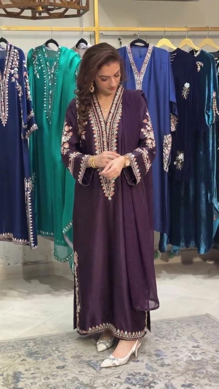 Luxury Russian Silk Heavy Embroidered 3PC Suit With Chiffon Dupatta (Long Length)