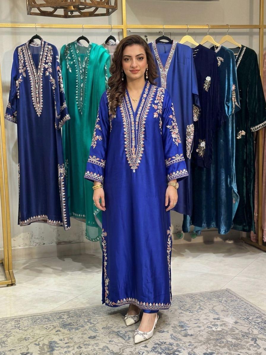Luxury Russian Silk Heavy Embroidered 3PC Suit With Chiffon Dupatta (Long Length)