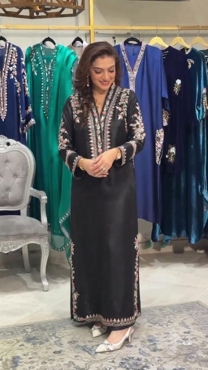 Luxury Russian Silk Heavy Embroidered 3PC Suit With Chiffon Dupatta (Long Length)