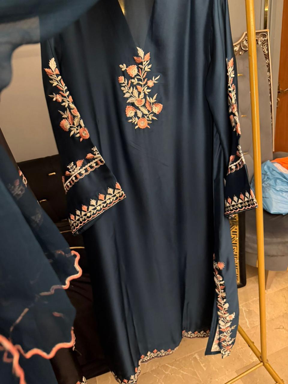 Luxury Russian Silk Heavy Embroidered 3PC Suit With Chiffon Dupatta (Long Length)
